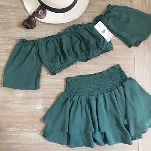 Isla Posh Summer Boho Mini Skirt Off Shoulder Top in Green